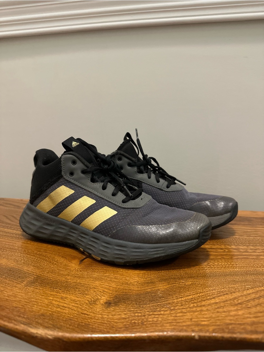 adidas Kids Black and Gold Athletic Sneakers with Gray Accents
